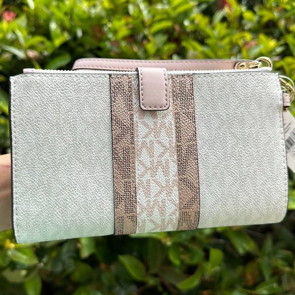 Michael Kors Jet Set Double Zip Wallet Center Stripe MK Rose gold Pink Multi - Picture 2 of 8